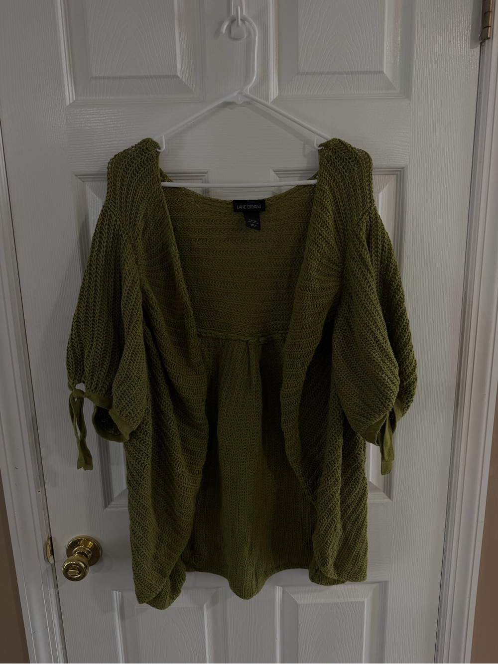 Lane Bryant Olive Tie-Sleeve Open-Knit Cardigan